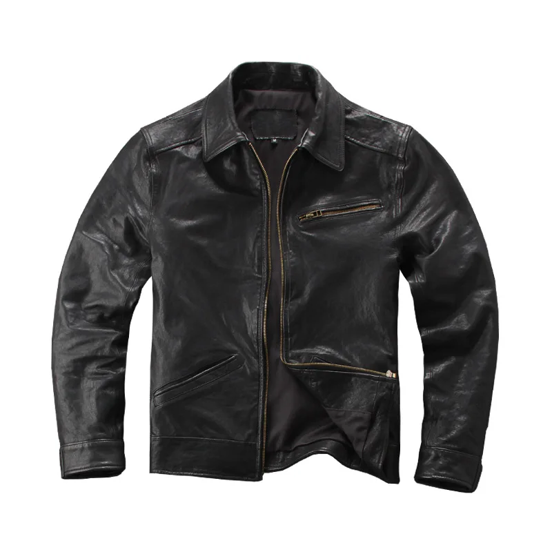 جديد معطف جلد طبيعي الرجال كامل جلد الغنم بدوره إلى أسفل طوق دراجة نارية معطف جلد #5