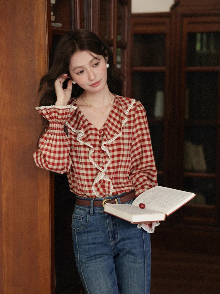 

ALXNAN Women's Red Plaid Shirt 2025 Autumn Vintage V-neck Ruffled Blouses Office Lady Elegant Loose-fit Long Sleeve Tops L568102