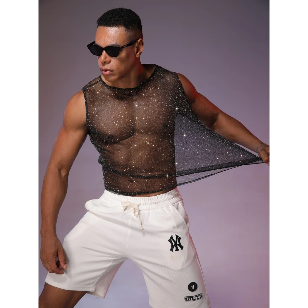 Men's Music Festival Party Vest Silver Thread Shiny Top Club Party See-through Top Loose Fit Ice Silk Summer Outerwear