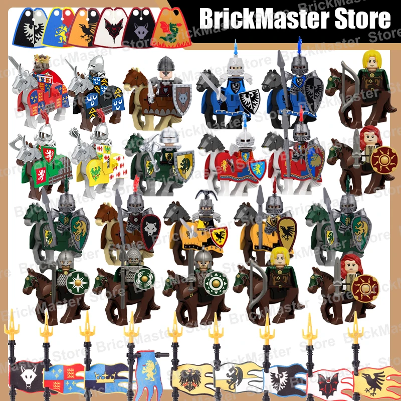 MOC Medieval Military Castle Knight War Horse Weapons Flag Building Blocks Army Warrior Cavalry Sword Shield DIY Bricks Toy Gift