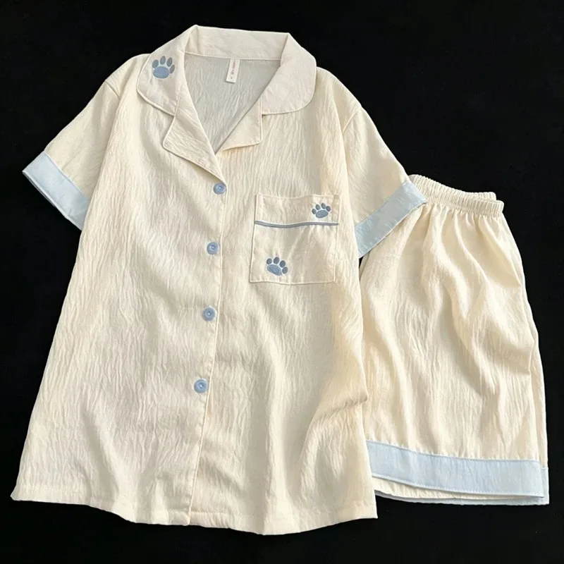 

Harajuku Style Cute Embroidery Paw Women's Pajamas Set Short Sleeve Top & Shorts New Summer Sleepwear Soft Kawaii Loungewear Set