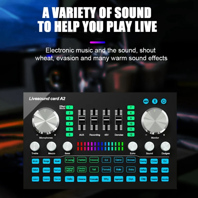 HFES A2 بطاقة الصوت الحية المحمولة بلوتوث كارت الصوت مهنة قابل للتعديل حجم الصوت لتسجيل الموسيقى كاريوكي الغناء
