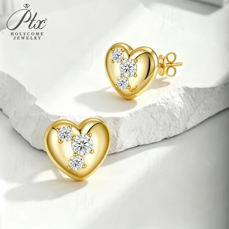 D Color Moissanite Stud Earrings S925 Sterling Silver 18K Gold Plated Heart Women Earrings Fashion Jewelry Gift