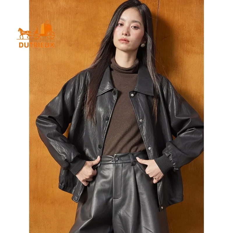 2025년 신상 가을 여성 패션 중간 길이 가죽 재킷, 100% 천연 양가죽, 심플하고 우아한 여성용 코트