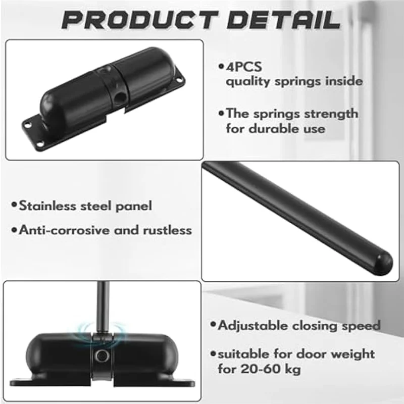 

A19F-4Pcs Automatic Door Closer Set Spring Door Closer Set Heavy Duty Self Closing Door Hinges, For Gate Garage Safety-Black
