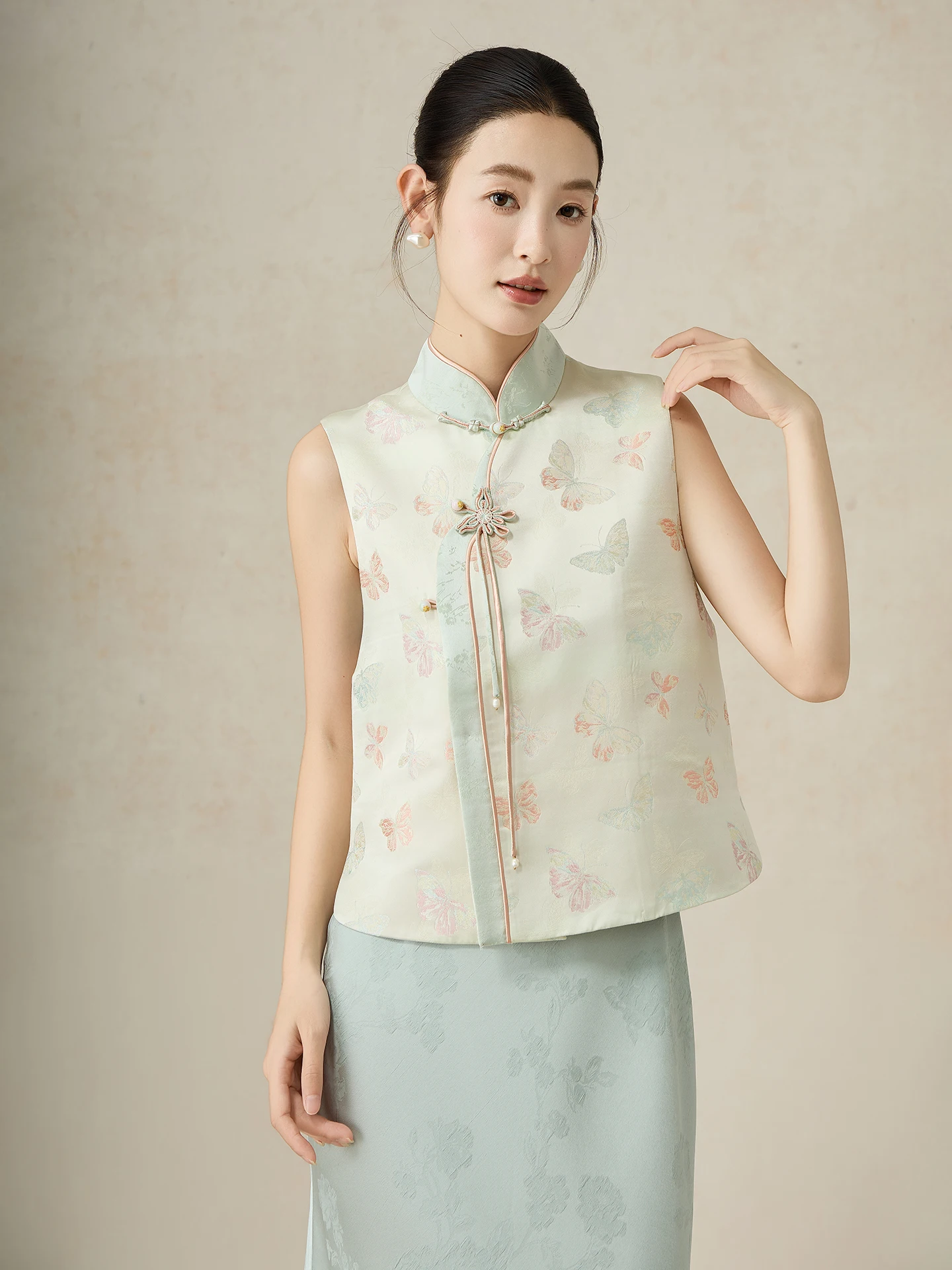 

ibai Mist Spring Autumn Stand Collar Chinese Sle Silk Satin Vest Women's Faion Traditional Clothing Top