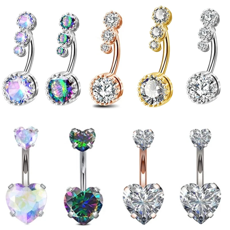 Surgical Steel Ab Crystal Belly Button Rings Zircon Heart Navel Piercing Reverse Cute Belly Button Piercing Sexy Navel Ring