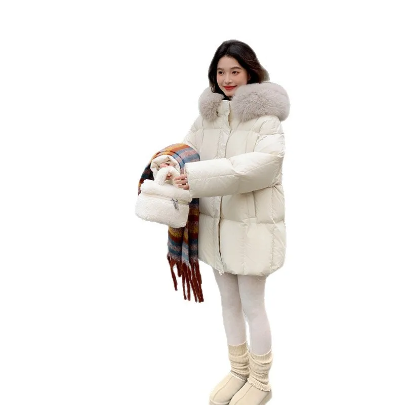 Halflange donskatoenen damesjas Verdikte modieuze winterjas met grote bontkraag Comfortabele casual stijl