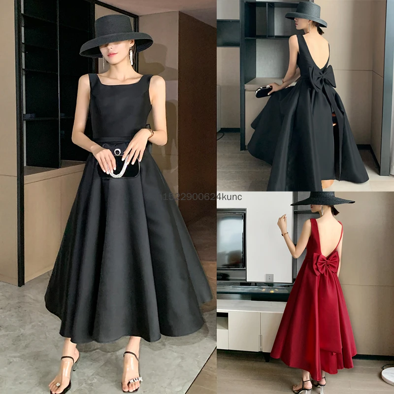 Women Elegant Black Hepburn Dress Summer Fashion Satin Backless Cocktail Party Long Dress High Waist Bridesmaid Party Ball Gown