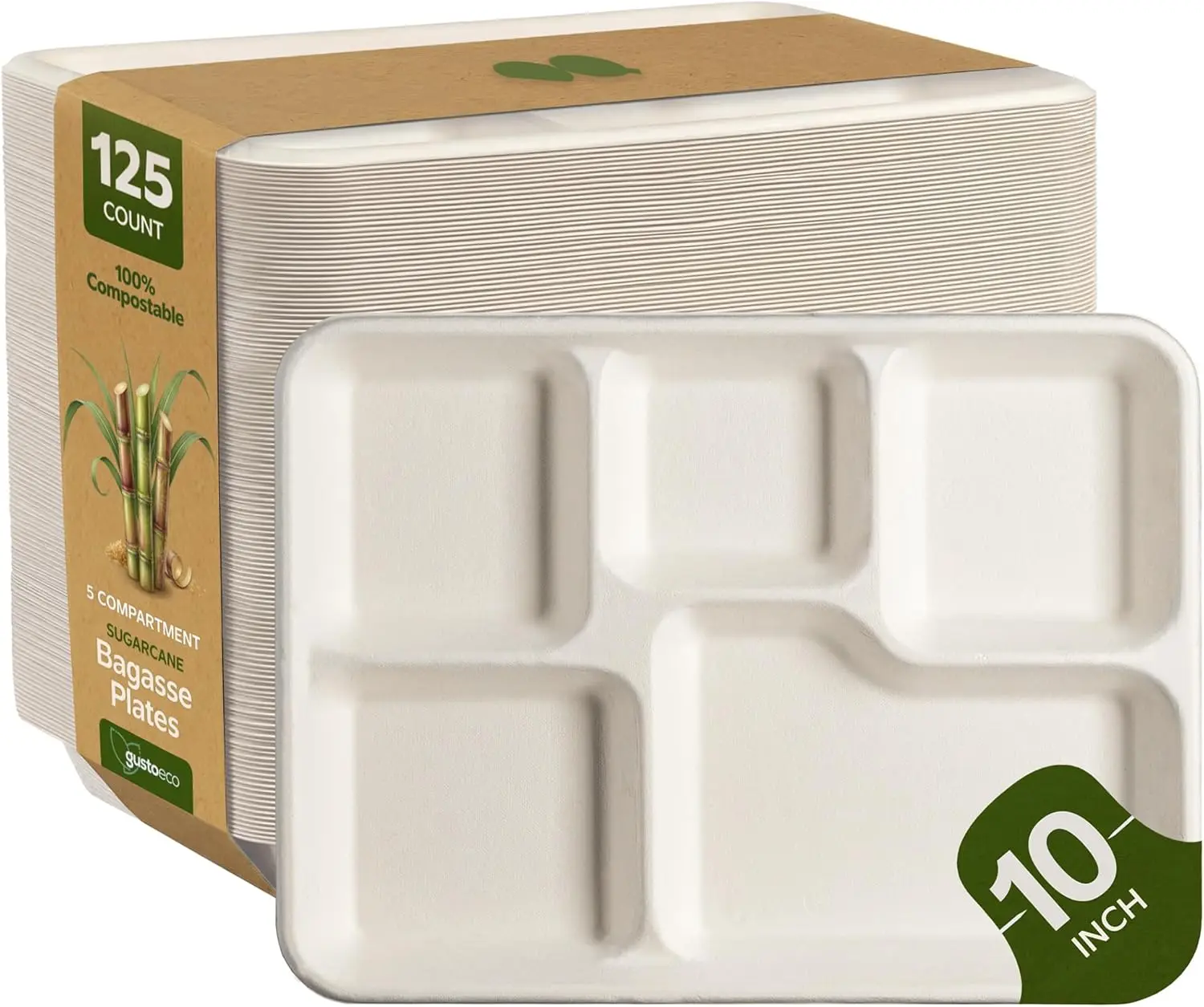 

Compostable Sugarcane Paper Plates, Heavy Duty, 10 Inch, 5 Compartment, 125 Count for Parties and Events