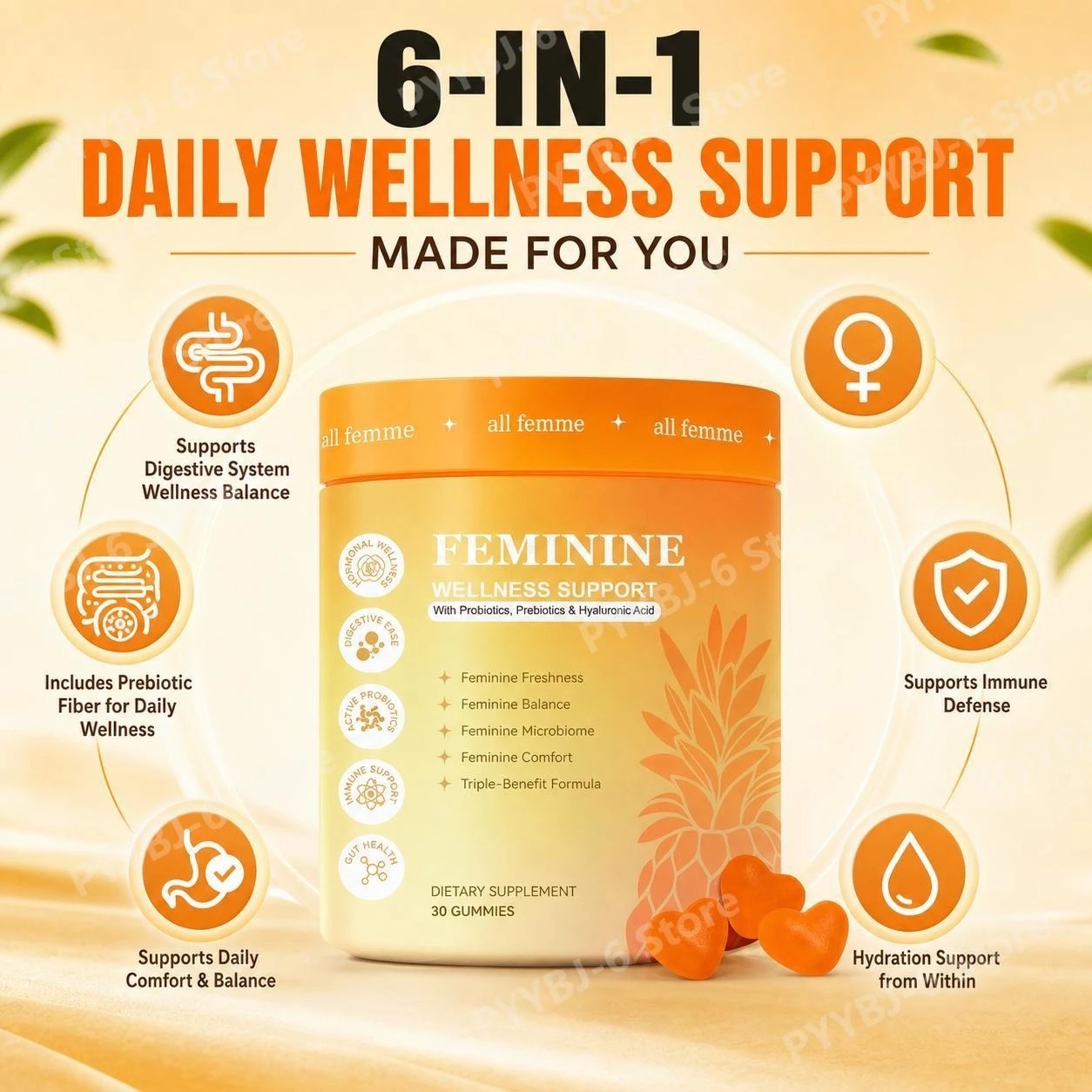 Women's Feminine Wellness Support Gummies with Vitamin B6, Zinc, Inulin & Hyaluronic Acid, for Digestive Balance, 30 Gummies