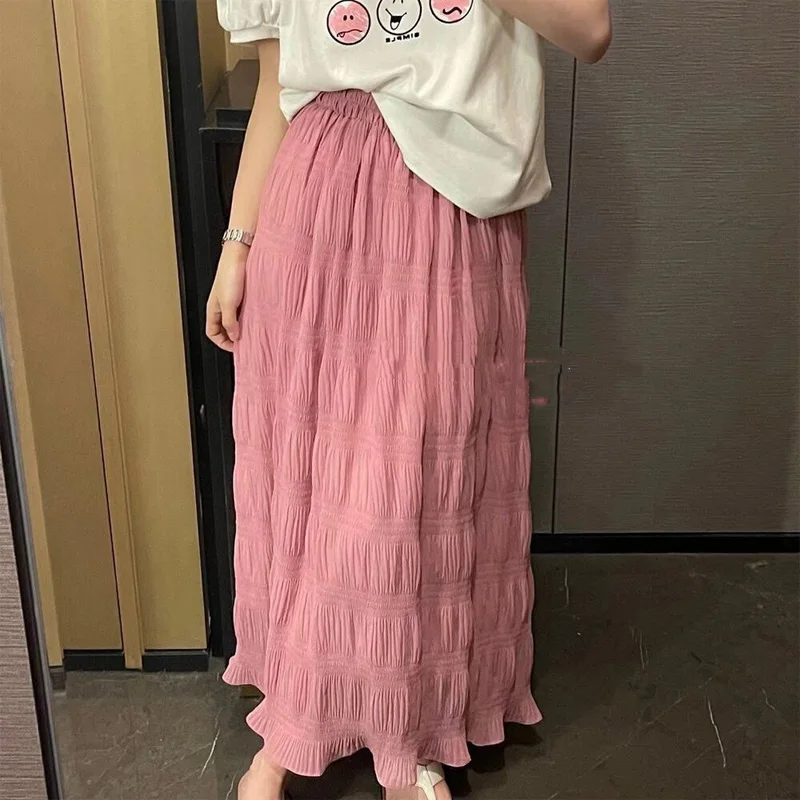 2023 New Spring and Summer Fashion Fashionable High Waist Covering Belly Fold Solid Soft Lace Solid Casual Women's Long Dress