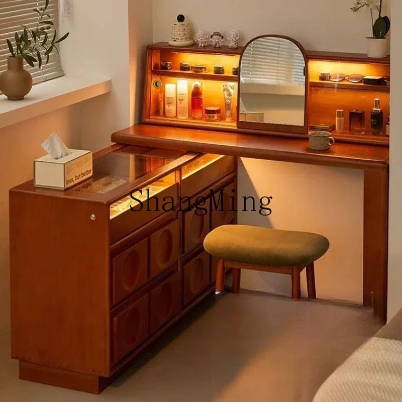 

FG medieval solid wood makeup table, chest cabinet integrated small household retro bedside corner cabinet dresser