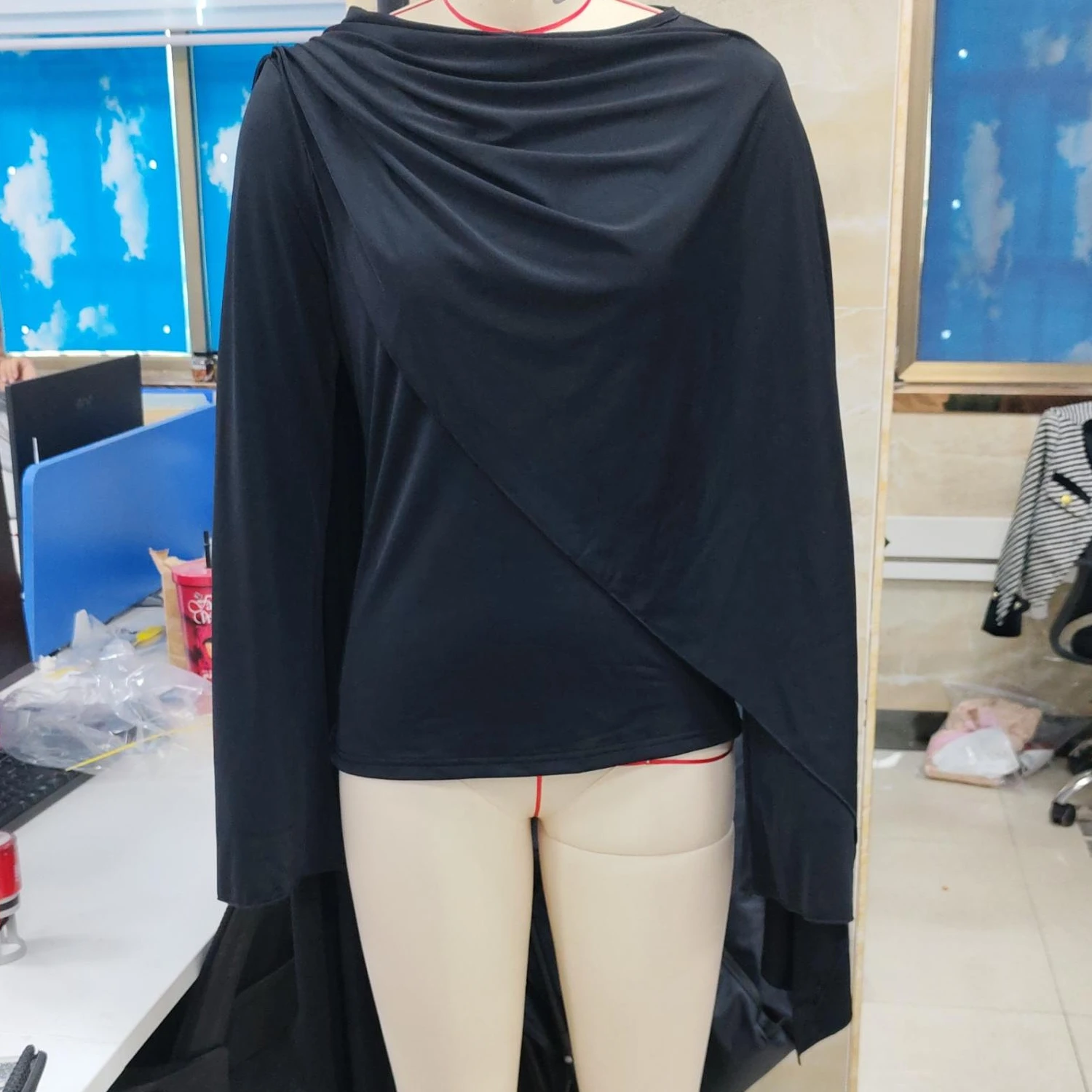 Women's Premium Asymmetrical Cape Boat Neck Long Sleeve Solid Color Poncho with Attached Scarf Elegant Shawl Top