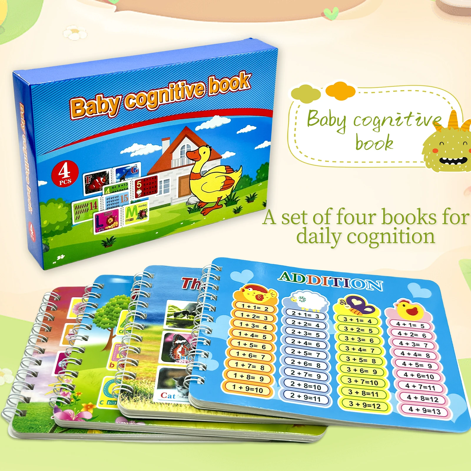 

4 Pcs-set Baby Cognitive Book With Coil Binding And Rounded Corners Featuring For Toddlers Preschool Early Educational Learning
