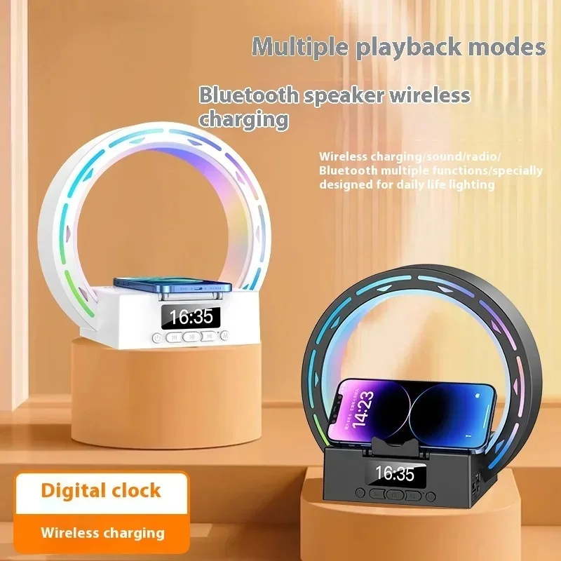 4 in 1 Wireless Bluetooth Speaker Charging Pad Bedside Lamp with Alarm Clock Wake-Up Light for Bedroom Support USB Drive TF Card