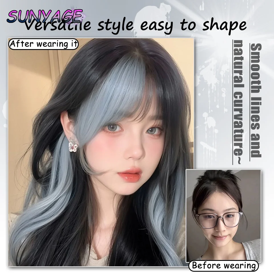 SUNYAGE Black Blue Highlights Synthetic Short Wavy Women Wig Fluffy Lolita Cosplay Heat Resistant Wig with Bangs for Daily Party