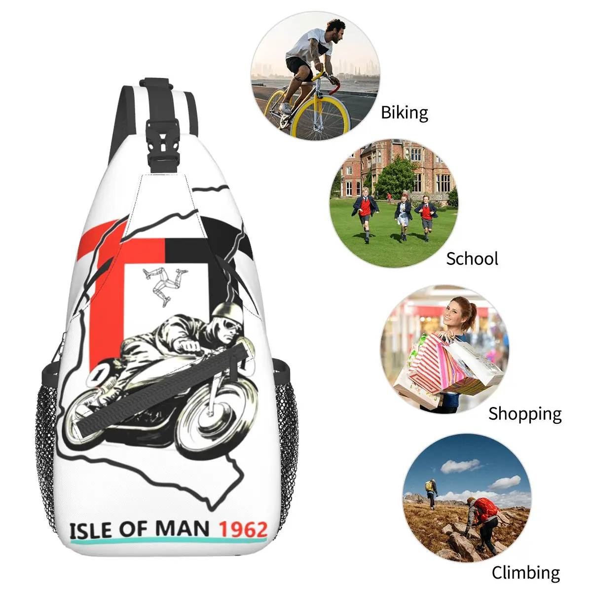 Isle Of Man TT Sling Bag Chest Crossbody Shoulder Sling Backpack Hiking Travel Daypacks Road Racing Motorcycle Pattern Satchel