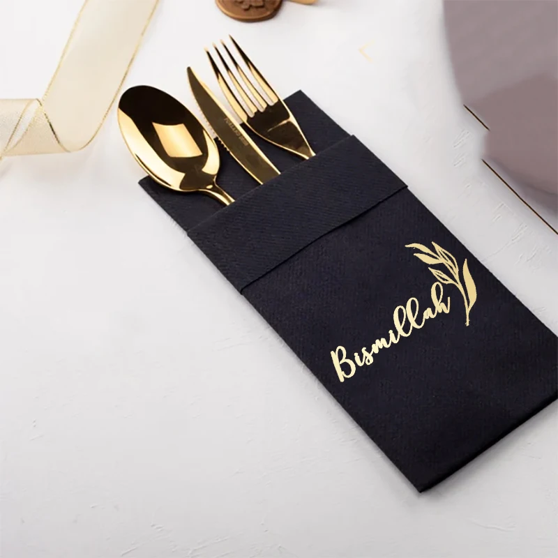 5pcs Bismillah black paper Napkin cutlery holders Eid Mubarak Muslim Islamic Ramadan Kareem Iftar suhoor table decoration sign