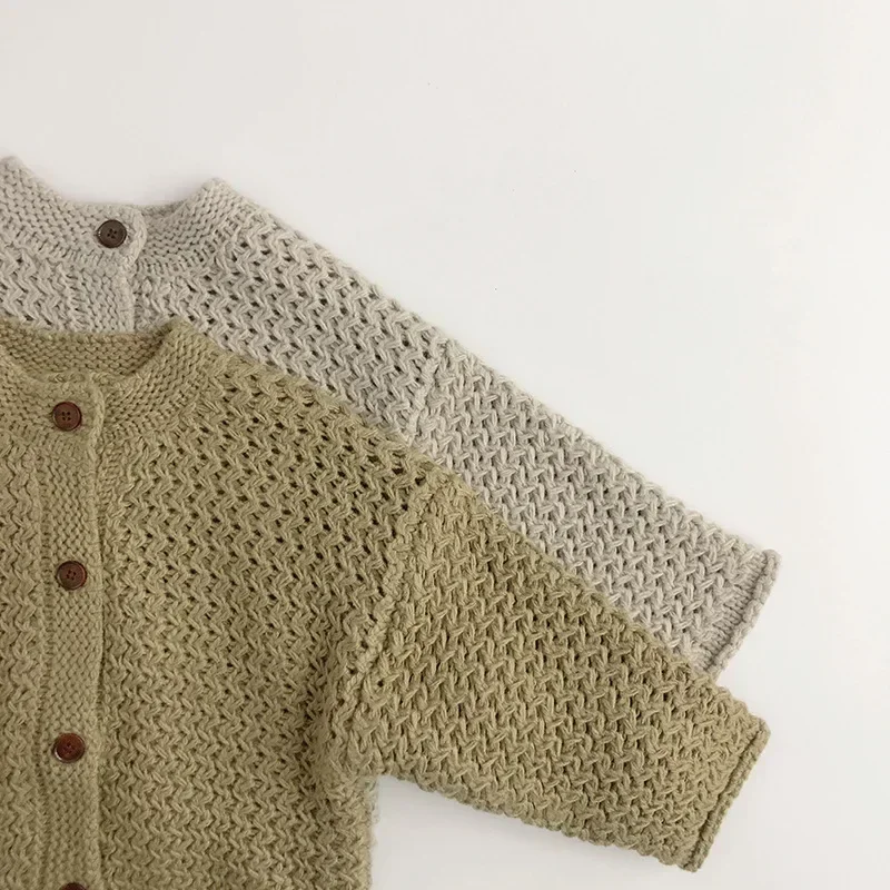 Korean Children Hollow Out Sweaters Cardigan Autumn Winter Baby Coarse Wool Hemp Retro Jacket Coat Boys Girls Loose Knitwears