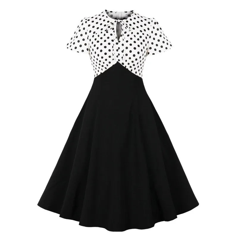 2024 New Hepburn Polka Dot White and Black Vintage Women Swing Summer Dress Tie Neck Keyhole Front High Waist 50s Ladies Dresses