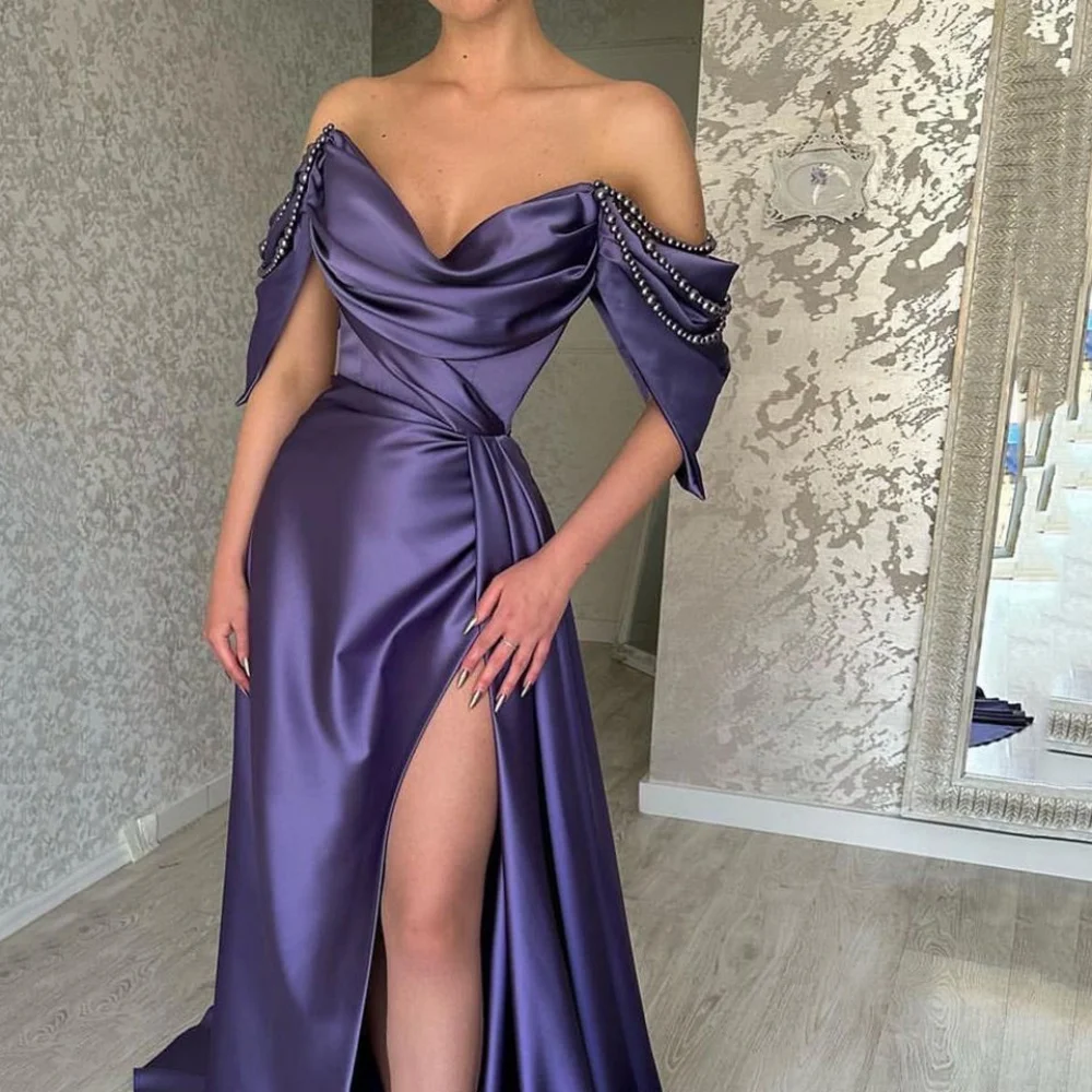 Camellia Elegant A Line Evening Dresses Off Shoulder With Belt Side Slit Celebrity Prom Dress Strapless Pleated Formal Gowns