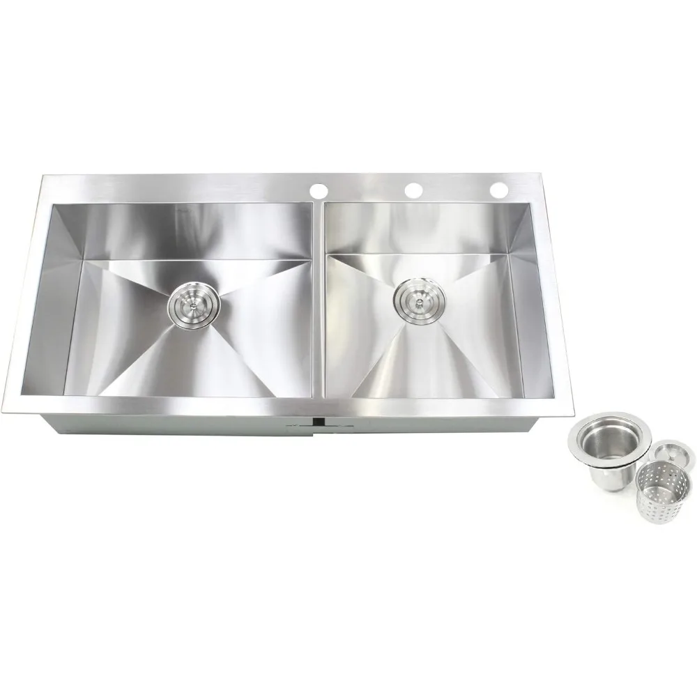 

Contemporary Zero Radius Design Durable 16 Gauge Stainless Steel Topmount Drop In Over the Counter Double Bowl Kitchen Sink