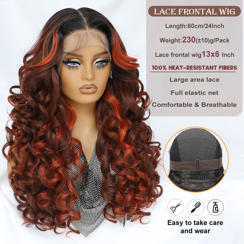 24 Inch 13x6 Synthetic Lace Front Wigs With Baby Hair For Women Brown Blonde Orange Highlight Loose Wave Curly Lace Wig For Afro