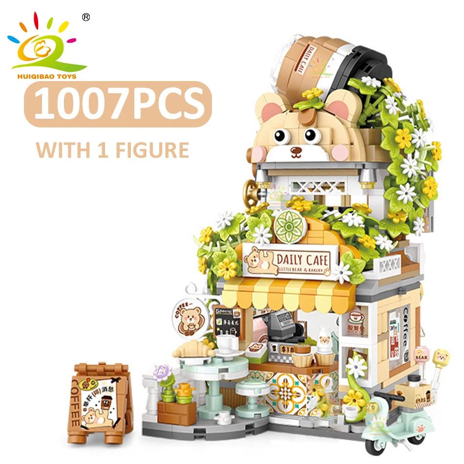 HUIQIBAO City Mini Street View Panda Tea House Model Building Blocks DIY Little Bear Coffee Shop Bricks Toys for Children Adult