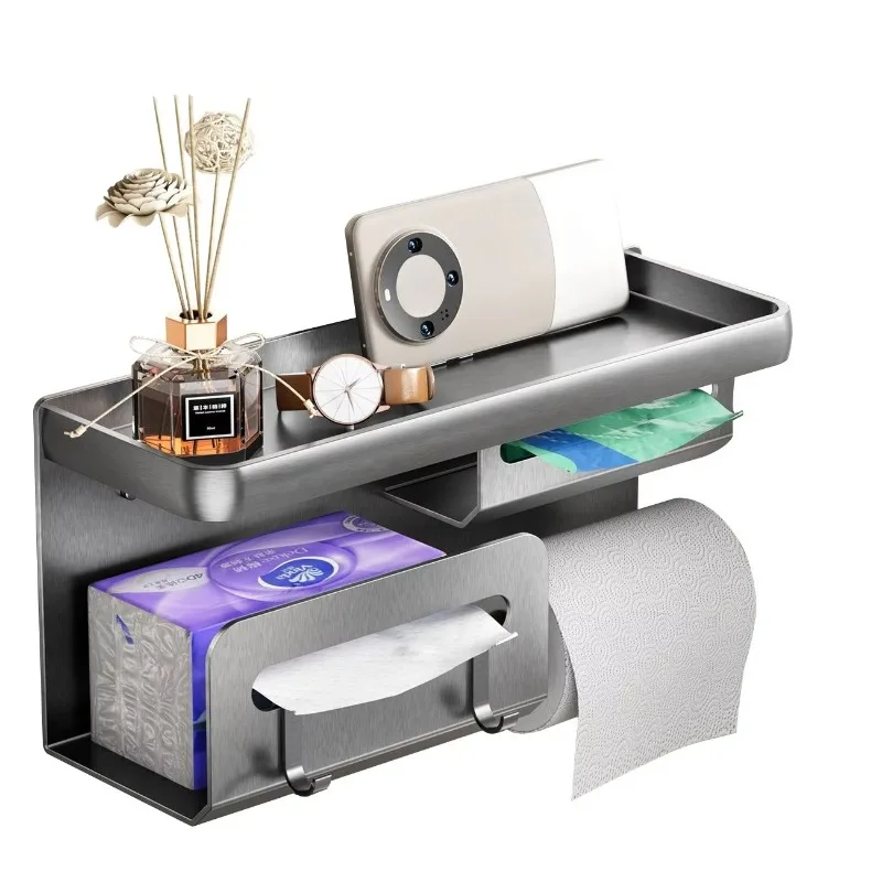 Aluminum Bathroom Roll Rack, Wall Mount Tissue Box with Storage Basket, Dual Position Design, Adhesive & Suction Mount