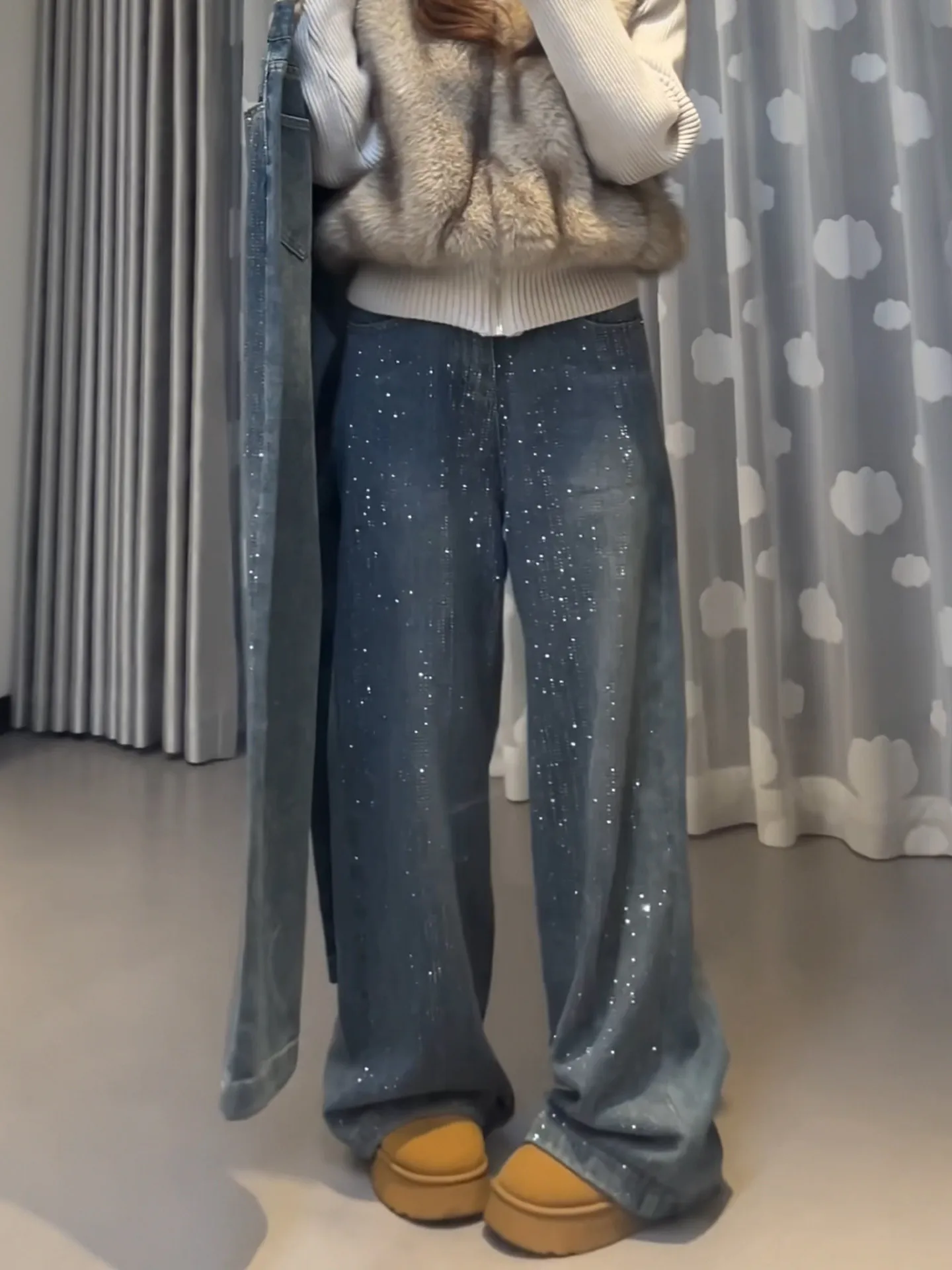 

Retro High Waist Wide Leg Jeans Women's Winter New Style Fleece Lined Loose Straight Floor Length Pants Diamond Embellished