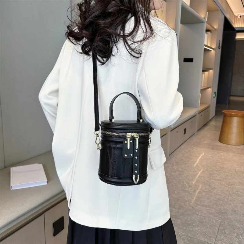 PU Leather Shoulder Crossbody Bag Cylinder Bag Vintage Small Handbag Purse with Top Handle Zippered for Everyday Carry