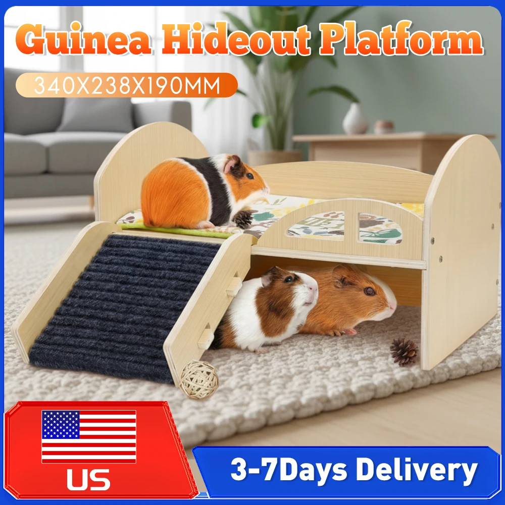 Multi-Level Wooden Guinea Pig Castle Small Animal Bed Hideout Platform with Stable Stairs Mat Washable Reusable for Small Pets