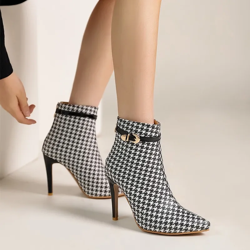 2023 Autumn New Chic Women Ankle Boots Fashion Houndstooth Pattern Ladies Thin High Heels Boots Female Modern Booties Size 47 48