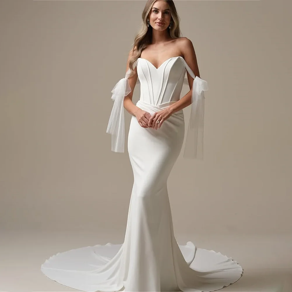 

Simple Two Straps V-neck Pleat Satin Seath/Mermaid Wedding Dresses Sweep Train Vestido De Noival