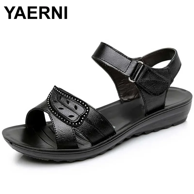 YAERNI summer new fashion Woman sandals mother large size Flat leather Sandals slip comfort elderly Soft bottom sandals
