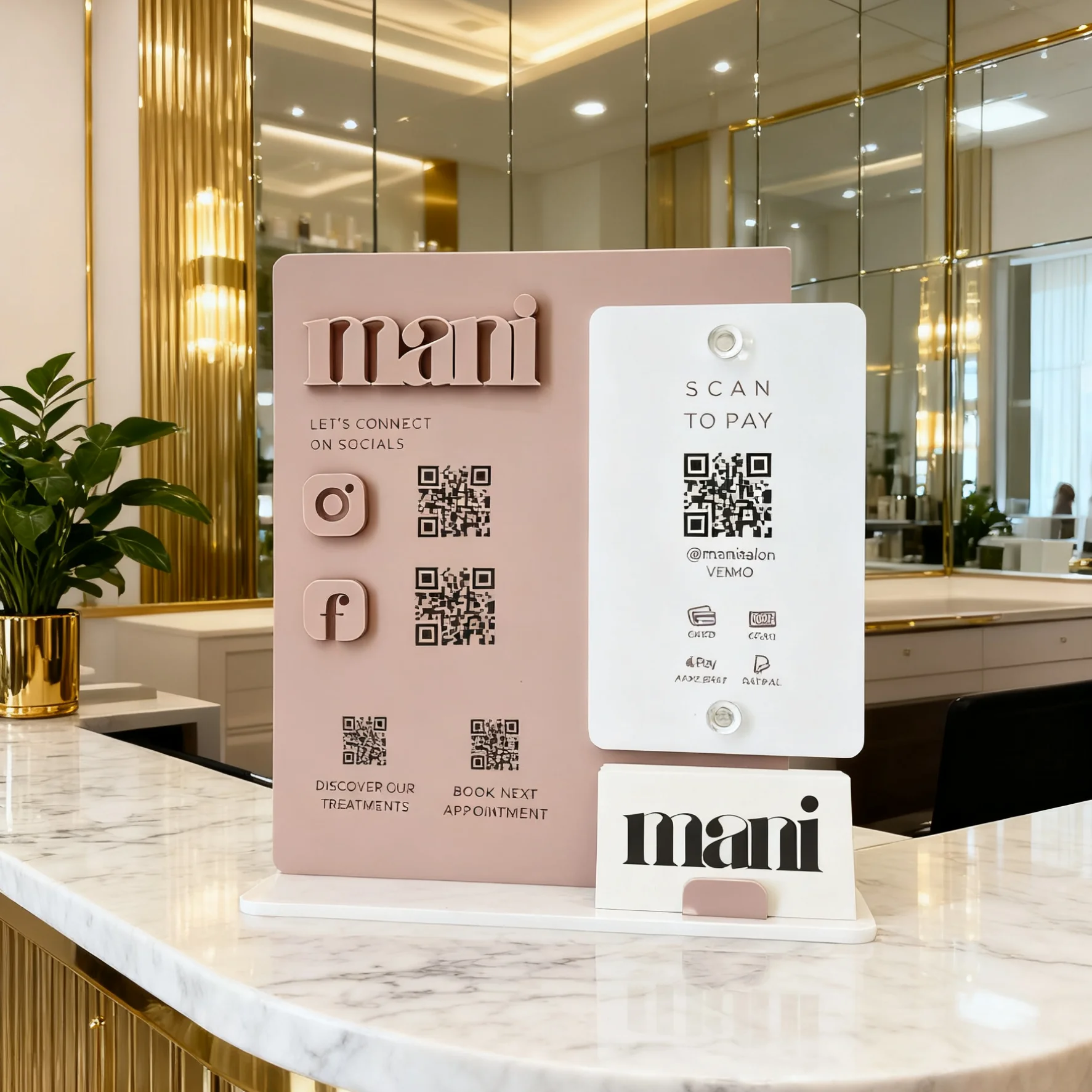 حامل مكتبي مخصص من الأكريليك مع رمز QR مخصص لدفع مراجعات Google وشعار إعلان الأعمال والوسائط الاجتماعية Dis #1