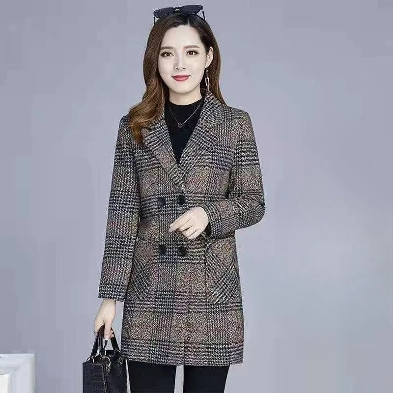 

Женское шерстяное пальто в клетку, осень-зима, теплое утолщенное пальто средней длины больших размеров для мам, элегантная женская верхняя одежда