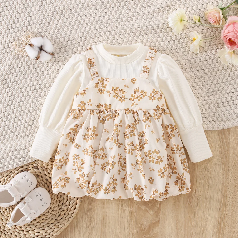 Fake Two Piece Set Girls\' Dress Spring And Autumn Style Baby Girl Flower Print Rabbit Ear Tail With Spliced Long Sleeved Top