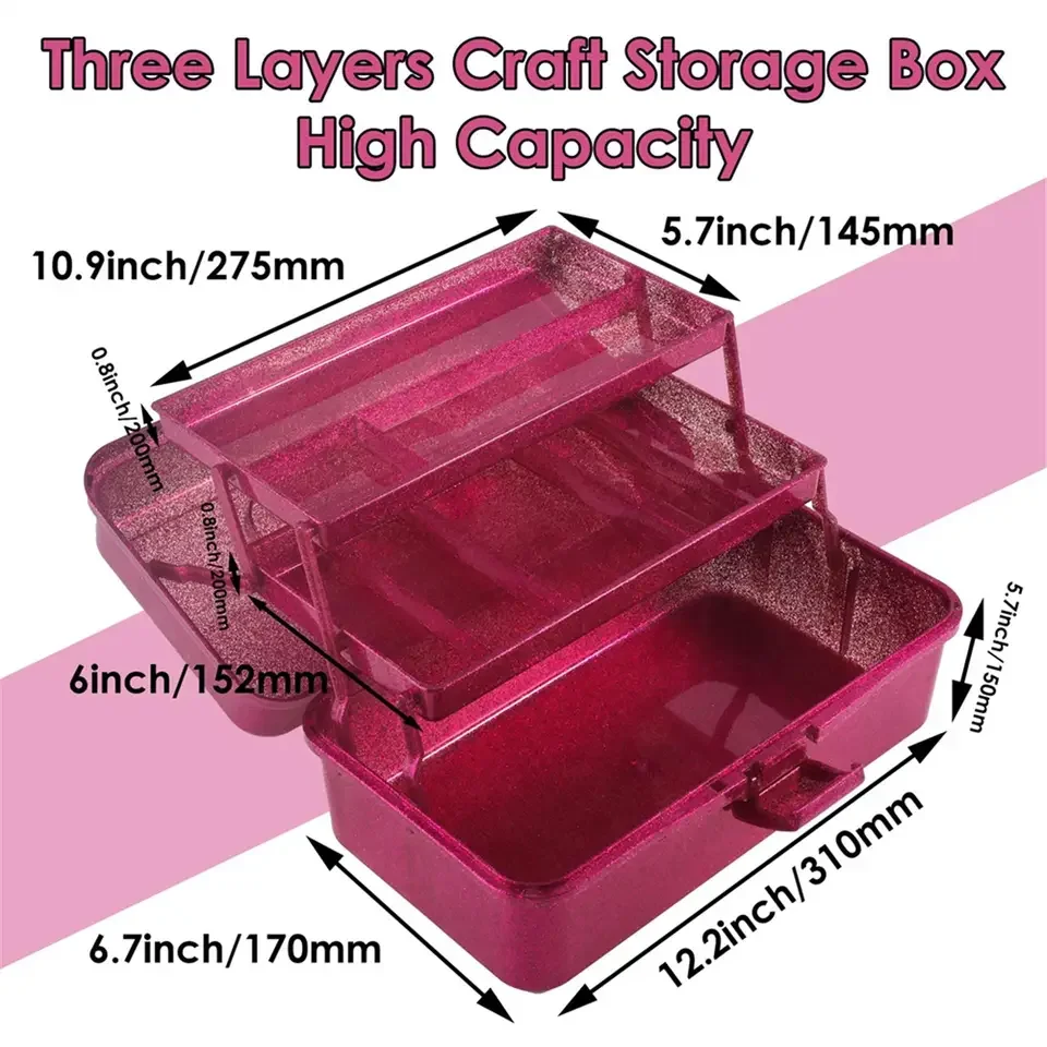 Glitter Pink & Craft Tool Storage Box,3-Layer Stackable Carry Tackle Box Sewing Box Organizer For Art