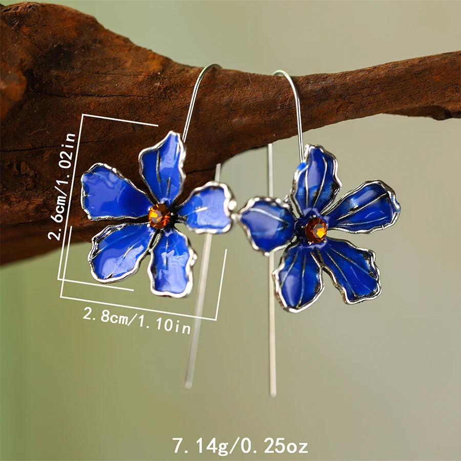 Exquisite Blooming Blue Flower Long Hook Earrings for Women, Fine Jewelry, Orange Crystal, Wedding, Engagement, Gift