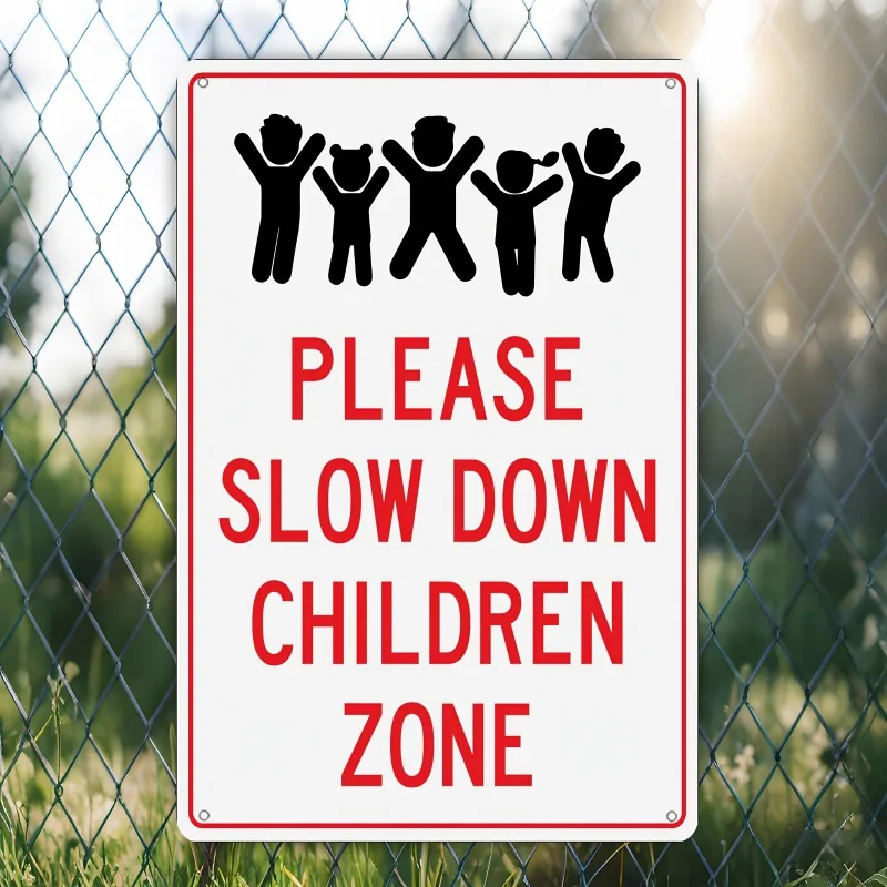 Please Slow Down Children Zone Sign - Metal Plaque School Playground Safety Wall Decor 20*30cm
