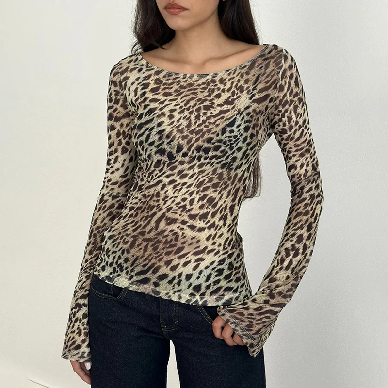 CUTENOVA Fall New Arrivals Women'S Animal Print Lightweight Sheer Loose-Fit Sexy Off-Shoulder Long-Sleeve Slim-Fit T-Shirt Top image 5