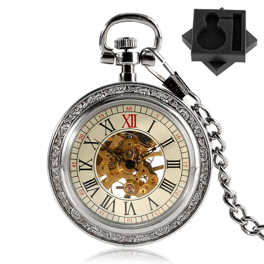 นาฬิกาพ็อกเก็ตแบบเปิดหน้าหรูหราตัวเลขโรมันกดหมายเลขเงินย้อนยุคโซ่โฟบคลาสสิกจี้นาฬิกาวินเทจของขวัญ