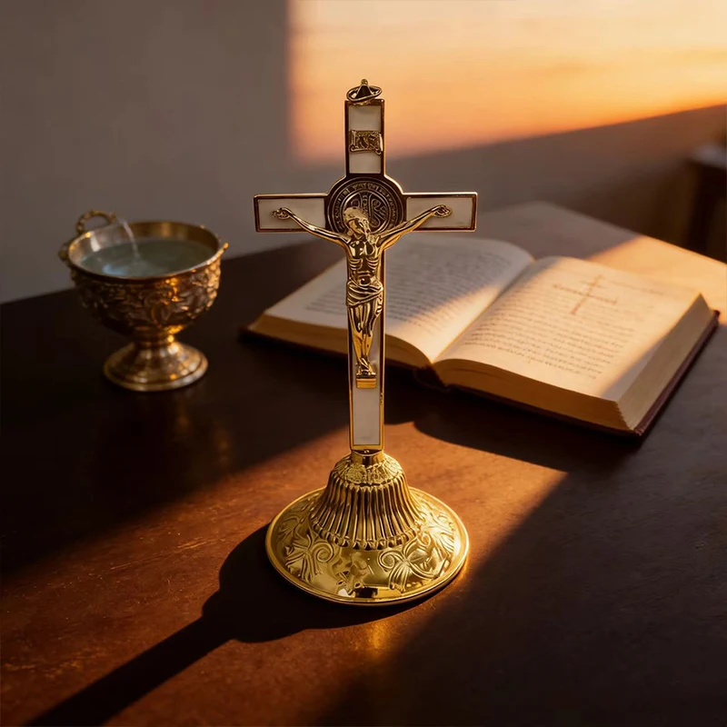 New Gold Plated Orthodox Catholic Table Crucifix with St. Benedict Medal and White Enamel Inlay for Church Liturgy Devotion Gift