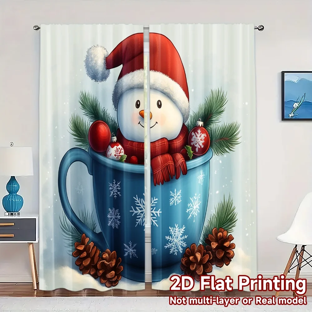 2pcs,Curtains Cute Snowman Coffee Mug Christmas Contemporary Popular Curtains Prints Light Filtering Curtains Thermal