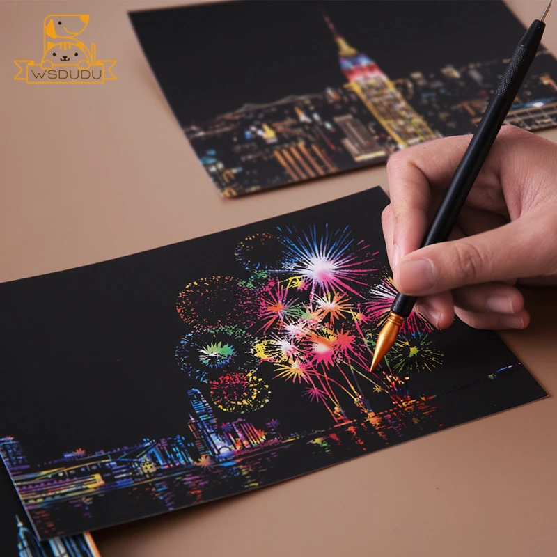 8PCS Scratch Cards Cherry Blossoms Fireworks Magic Painting Paper Art Night Scene Postcard Play Game Drawing Toy Kid Crafts Gift