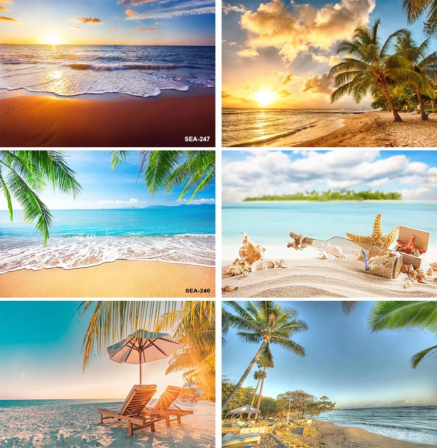 

Summer Dusk Clouds Sea Beach Scenic Photography Backgrounds Tropical Palm Tree Seaside Sands Holiday Party Photo Backdrops Props