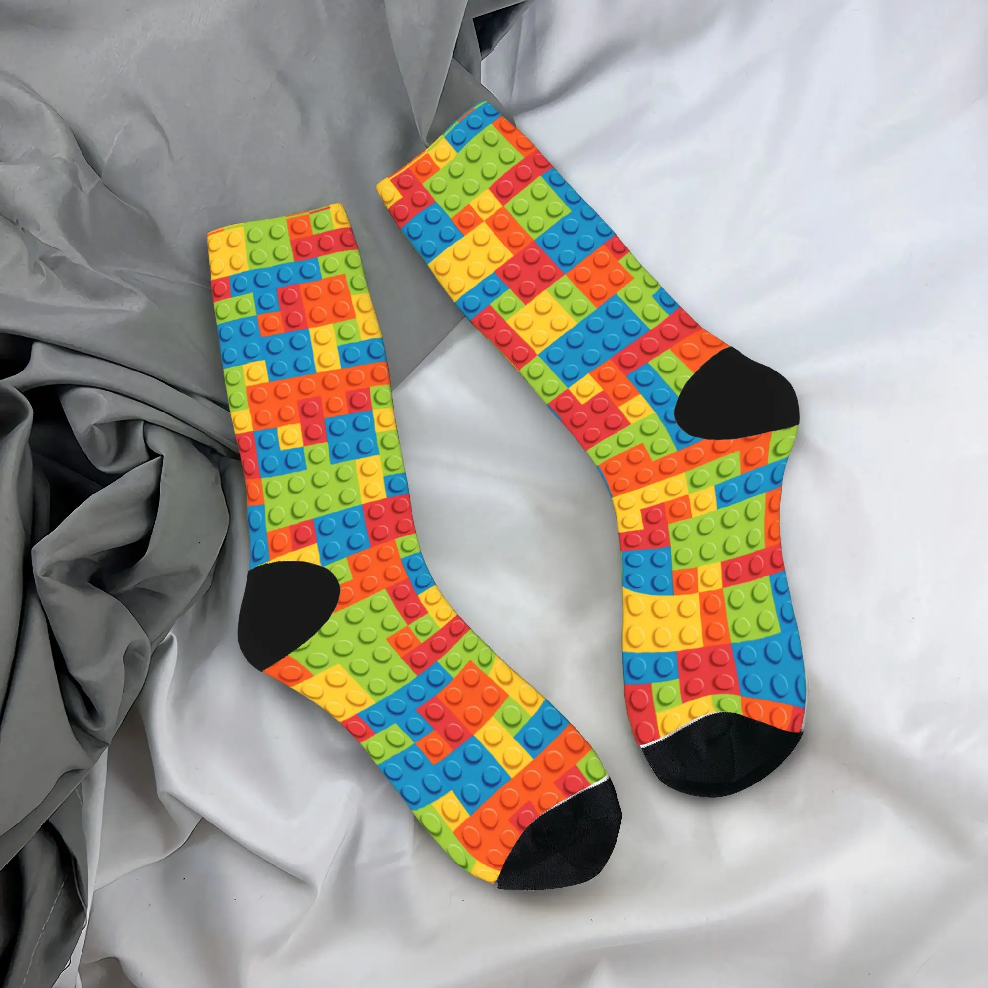Neon Multicolor Building Blocks Pattern Socks  Vintage Stockings Couple Medium Soft Running Socks Autumn Pattern Non-Slip Socks