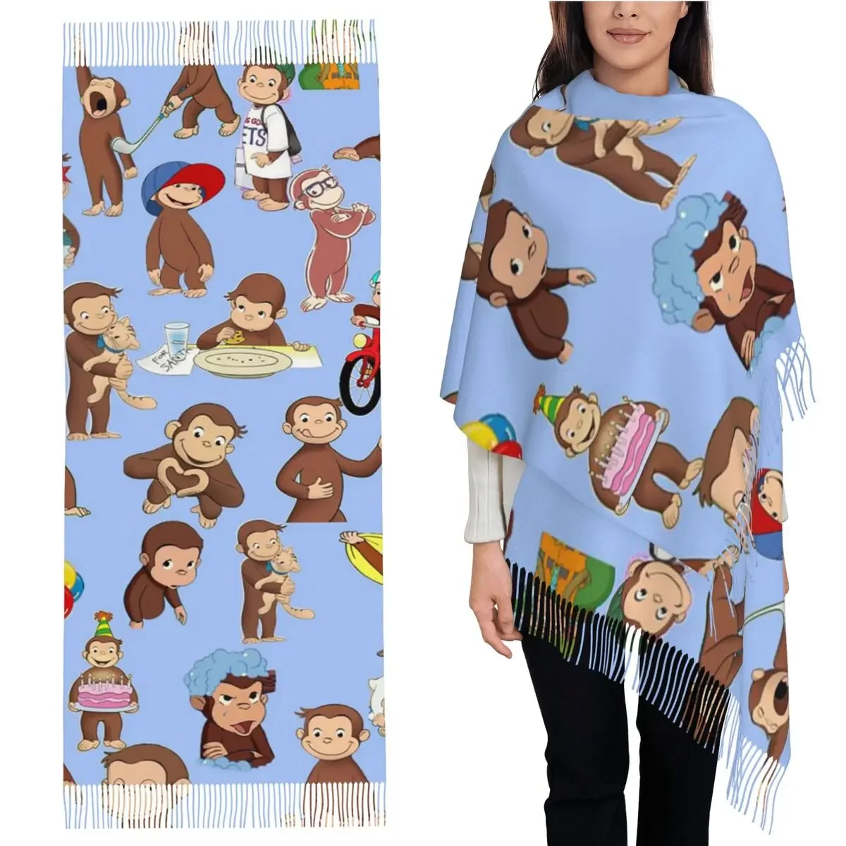 

Аниме Curious George Monkey Шарф с кисточками Шарфы для женщин Мягкие теплые шали и накидки Длинная осенне-зимняя шаль